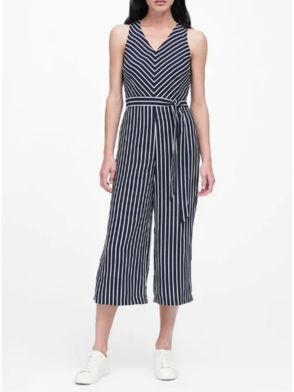 Banana Republic Navy and White Striped Sleeveless Tie-Waist Jumpsuit